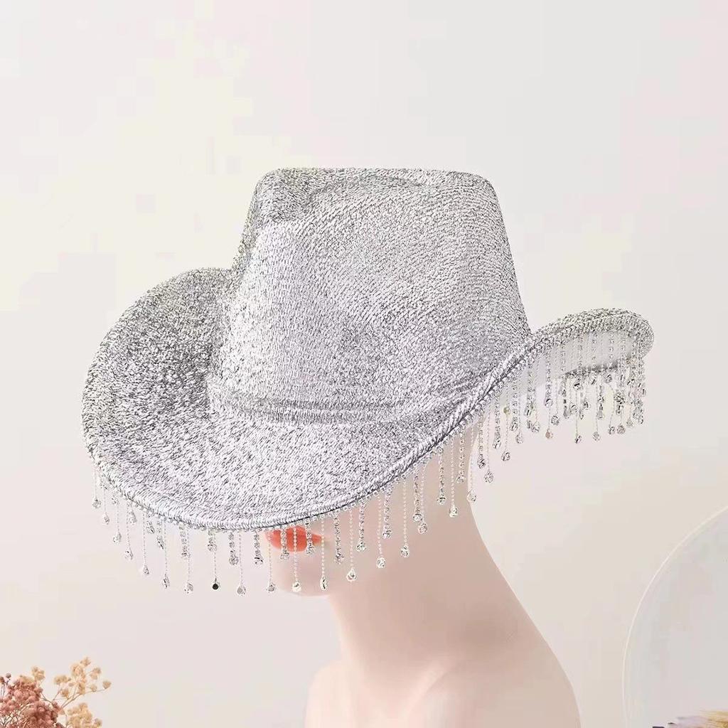 Popular Western Cowboy Hat Big Head Circumference Hat Big Brim Shiny Rhinestone Fringed Festival Party Top Hat