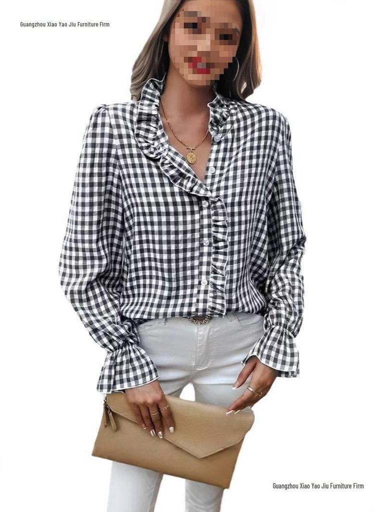 2026 Spring French Ruffle Plaid Women's Shirt - New Arrival