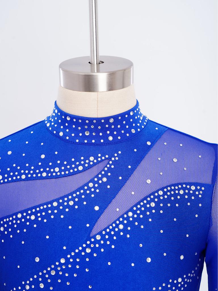 Leotardo de patinaje artístico para niñas Cuello alto Manga larga Espalda descubierta Parche de malla Patchwork Brillante Pedrería Bodis