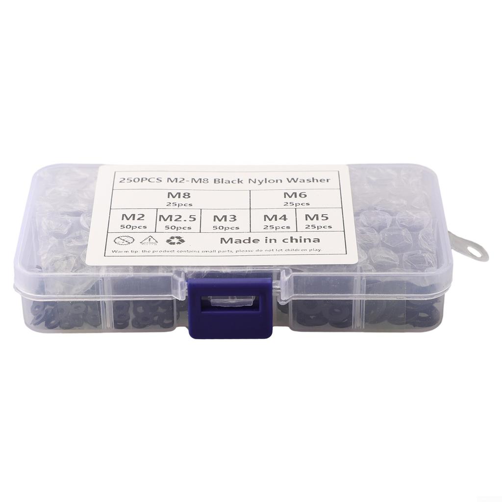 250pcs Washer Gasket Set Black Nylon Rubber Flat Repair Assortment Kit