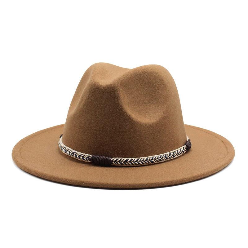 Wool Top Hat, Warm Big-Brimmed Felt Hat, Woven Rope, Retro Versatile Jazz Hat, Imitation Wool