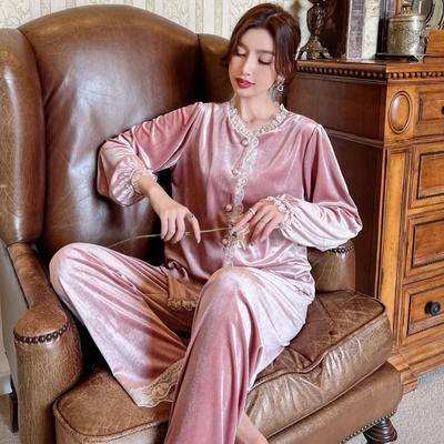 Goldener Samt Langarm Pyjama für Damen - Herbst Atmungsaktiv, Sexy Leichter Luxus Französischer Stil.