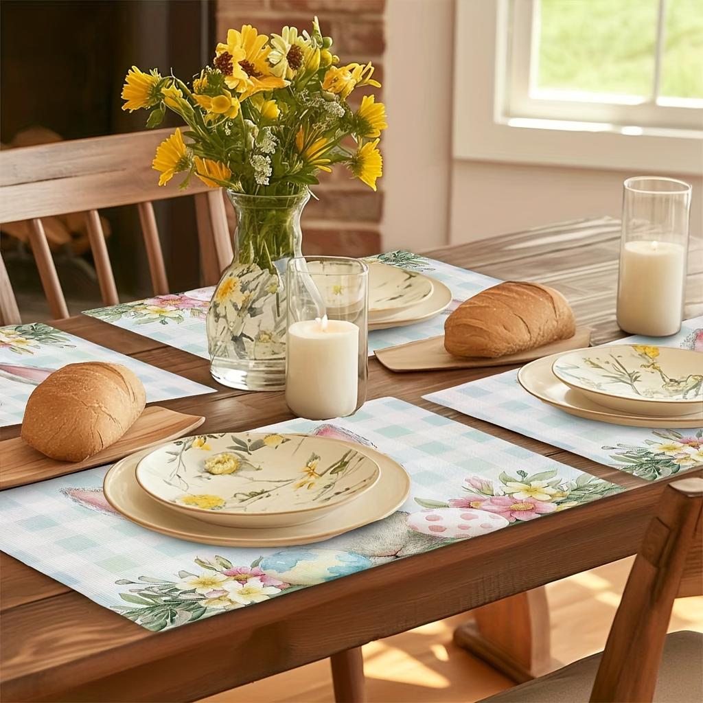 4Pcs, Easter Egg Floral Rabbit Placemats, Washable, Suitable for Holiday Parties, Home Decoration
