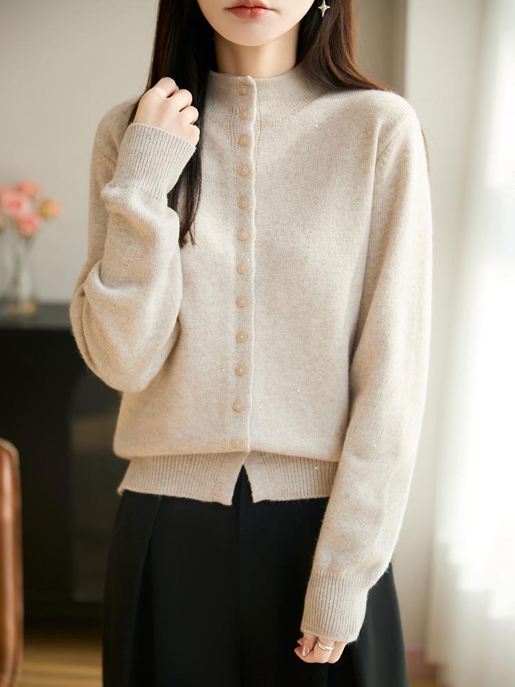 Women's Stand Collar Knit Cardigan with Sequin Yarn and Buttons - Long Sleeve, Versatile, Casual Loose-Fit Sweater Top