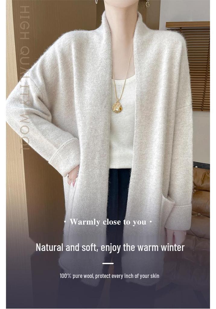 Women's Wool Knit Cardigan - Autumn/Winter 2024, Loose Mid-Length Long Sleeve Sweater/Jacket