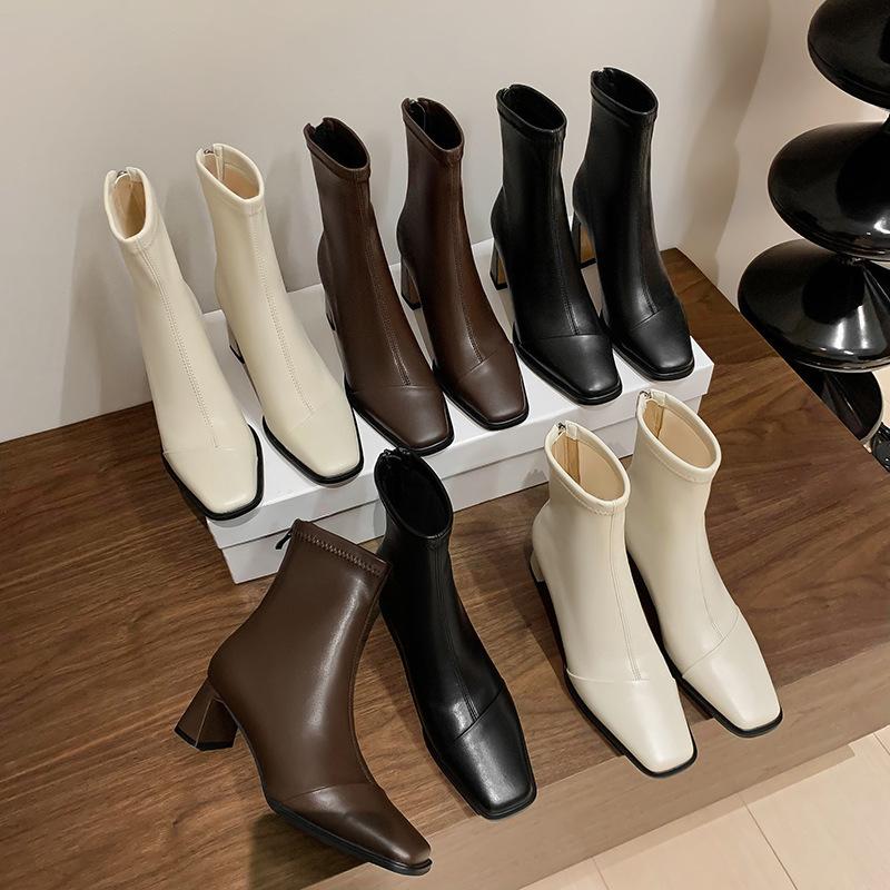 Giant Skinny~ Square Head Back Zipper Skinny Boots Women's 2024 Commuter Thick Heel Short Boots