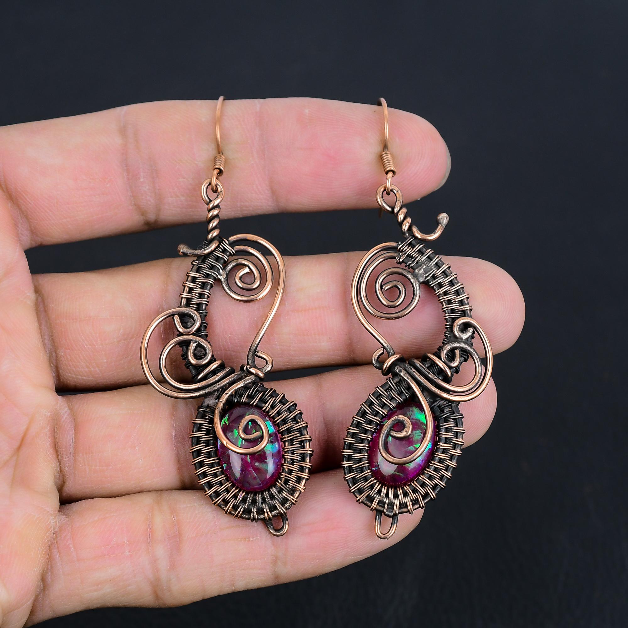 

Серьги с аммолитом, Ювелирные изделия из драгоценных камней, Серьги ручной работы, обернутые медной проволокой 999 пробы, Ювелирные изделия новейшего дизайна 3.07