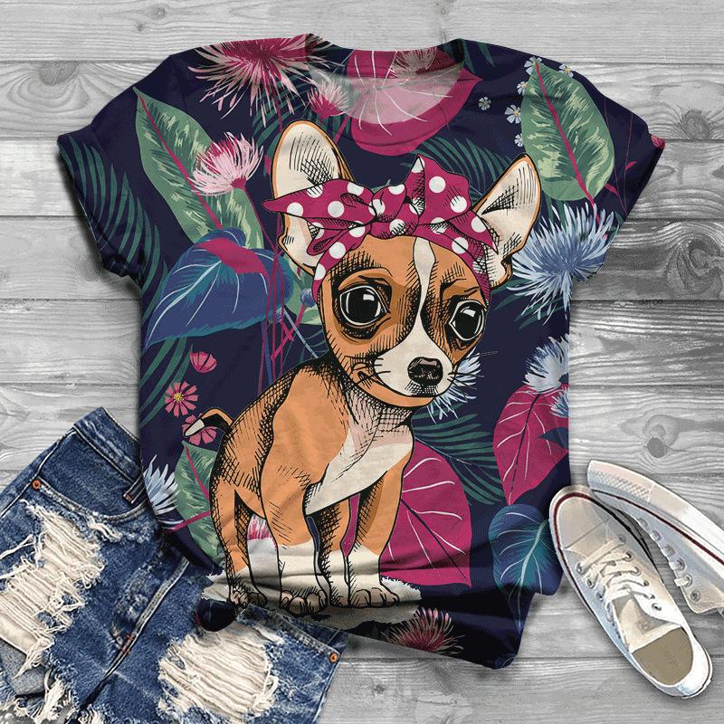 Summer New Printed Short Sleeve Top for Women, Round Neck 3D Dog Printed Women's T-shirt