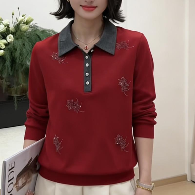 

Lapel Long Sleeve Versatile Women s Top - Spring & Autumn Elegant Age-Reducing Loose Fit Sweatshirt 4XL [Recommended 67.5-75 kg]