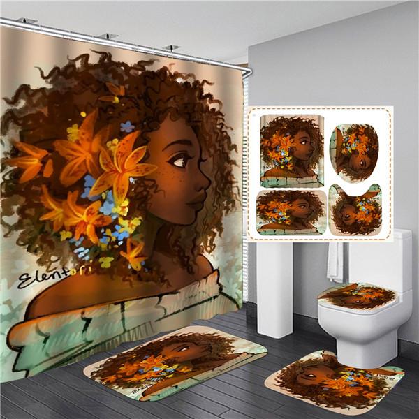 4PCS Full Set Bathroom Curtain Set Elegant African Black Woman Shower Curtain Hooks Modern Bath Mat Toilet Lid Cover Anti-slip Bath Mats