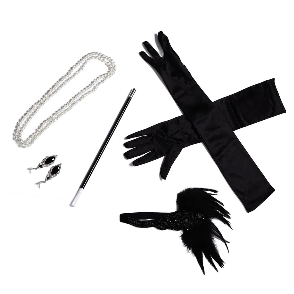 5 Stück Partykostüm Stirnband Feder Kopfschmuck Falsche Perlenkette Strass Ohrringe Handschuhe Cosplay Set