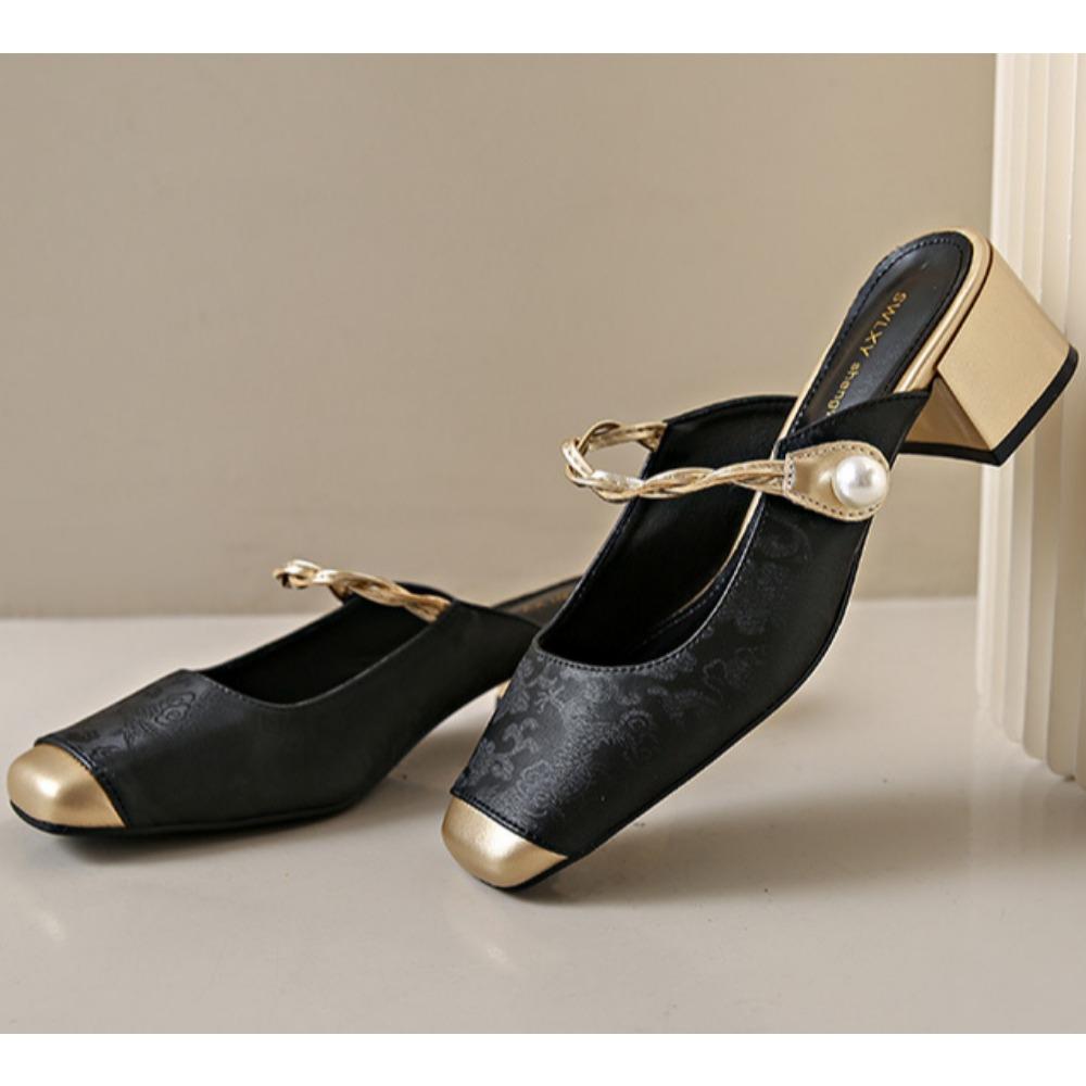 Fashion Baotou High Heel Slippers for Women 2025 Summer Wearing Chinese Style New Chinese Pearl Coarse Heels with Skirts and Slippers