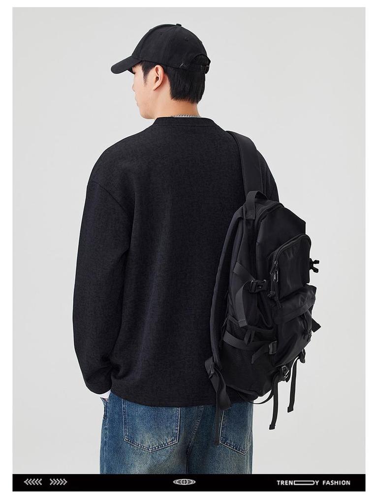2025 Autumn/Winter Men's Trendy Heavyweight Round Neck Hoodie Pullover, Zippered Fake Two-Piece Long Sleeve Shirt