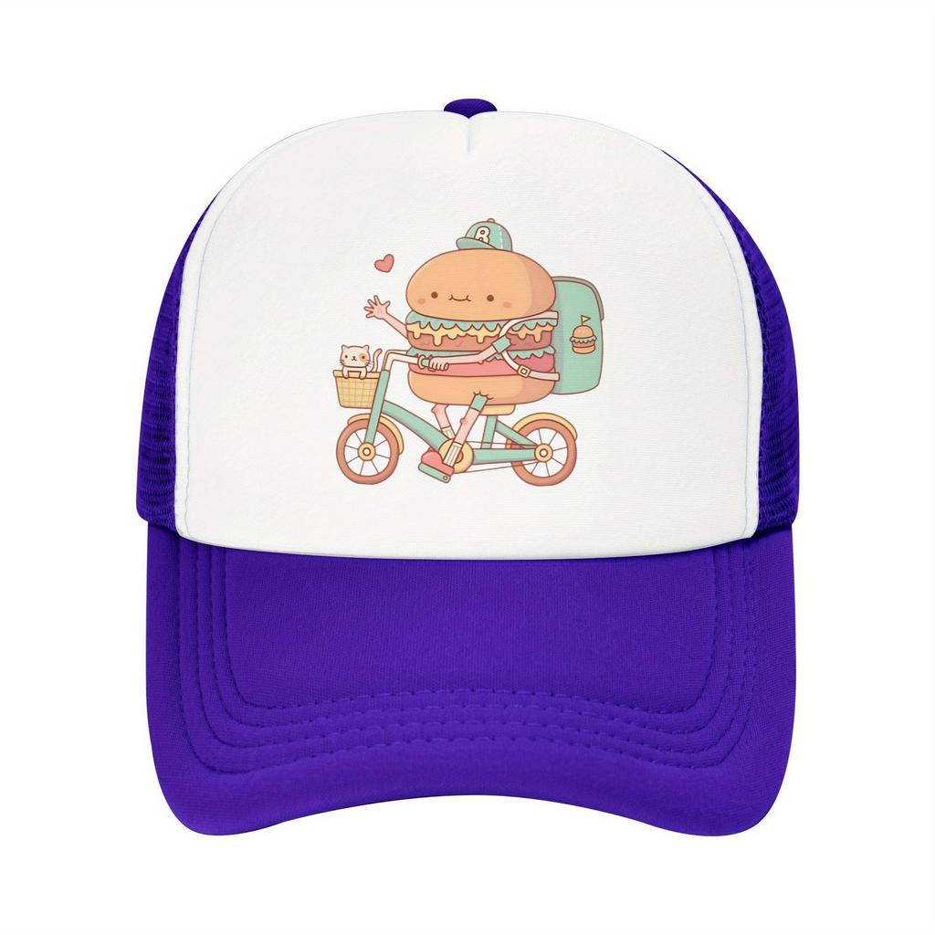 Burger Delivery Biker Trucker Hat Funny Food Print Mesh Back Adjustable Cap for Unisex Casual Outdoor