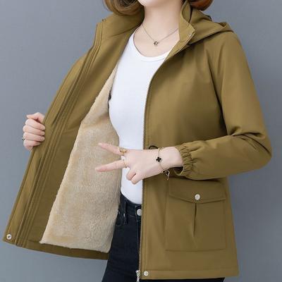 Spring Autumn Women's Fleece Jacket Casual Midi Hooded Jacket Thick Flocked Coat