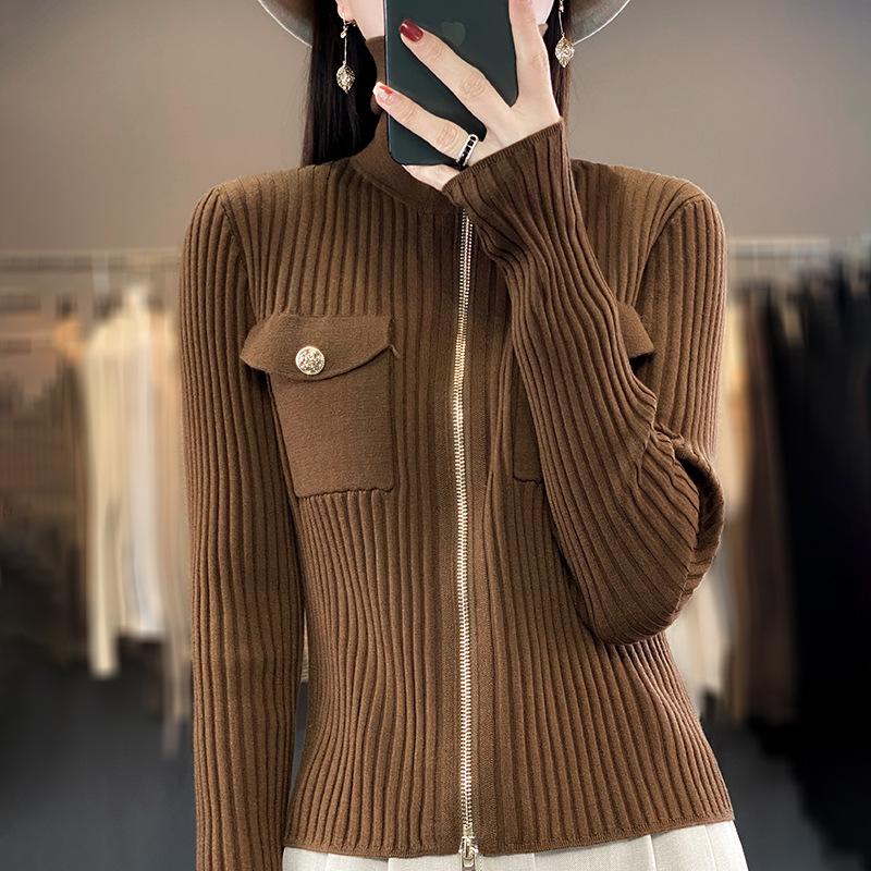 Women's Slim-Fit Stand Collar 100% Pure Wool Sweater - Autumn/Winter Knit Cardigan, Skin-Friendly Base Layer Outerwear