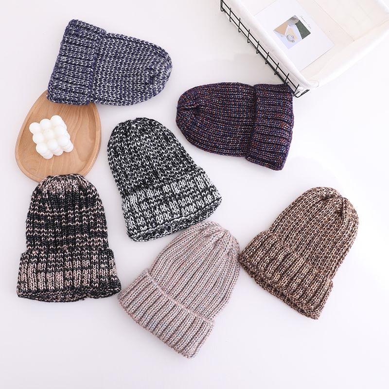Wool hat Women's tide knitted hat Autumn and winter suitable for round face casual hat Mixed color dome ear protector headgear