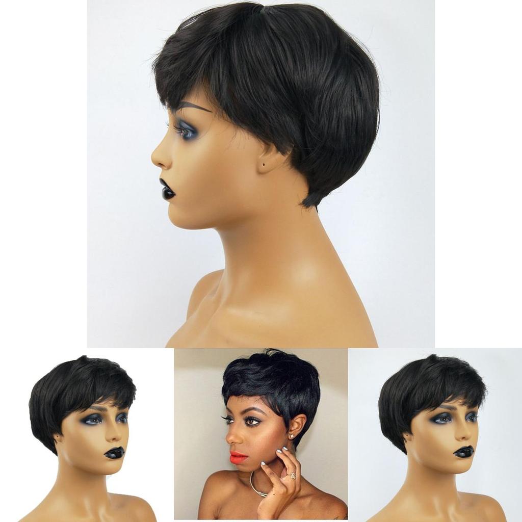 Elegant Pixie Cut Synthetic Wigs Short Hair Straight Black Wigs With Bangs For Women