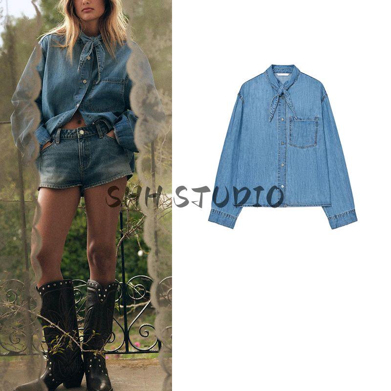 Spring New Women's Clothing French Pleated Design Shoelace Denim Long Sleeves Retro Lapels Shirt 8197061