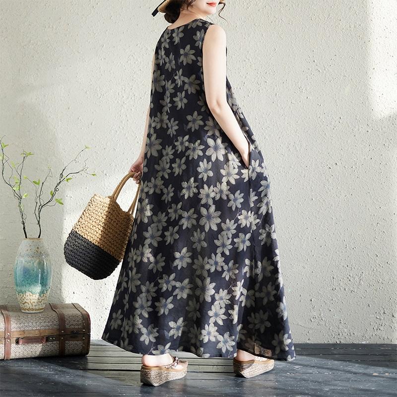 Sleeveless Plus Size Cotton Vintage Floral New In Dresses for Women Casual Loose Long Summer Dress