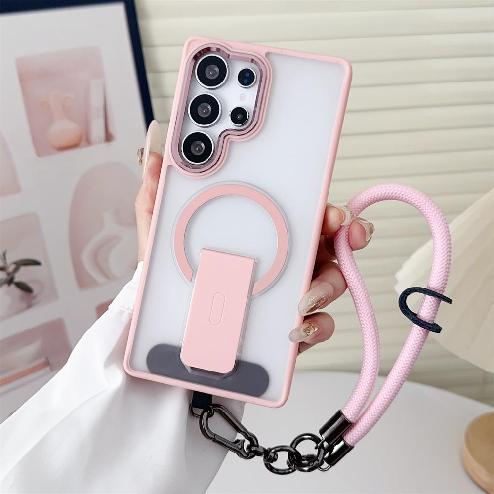 Matte Clear Stand Wrist Strap Lanyard Phone Case Samsung S25 S24 S23 S26 Ultra Plus S25 Edge For Magsafe Wireless Charge Cover