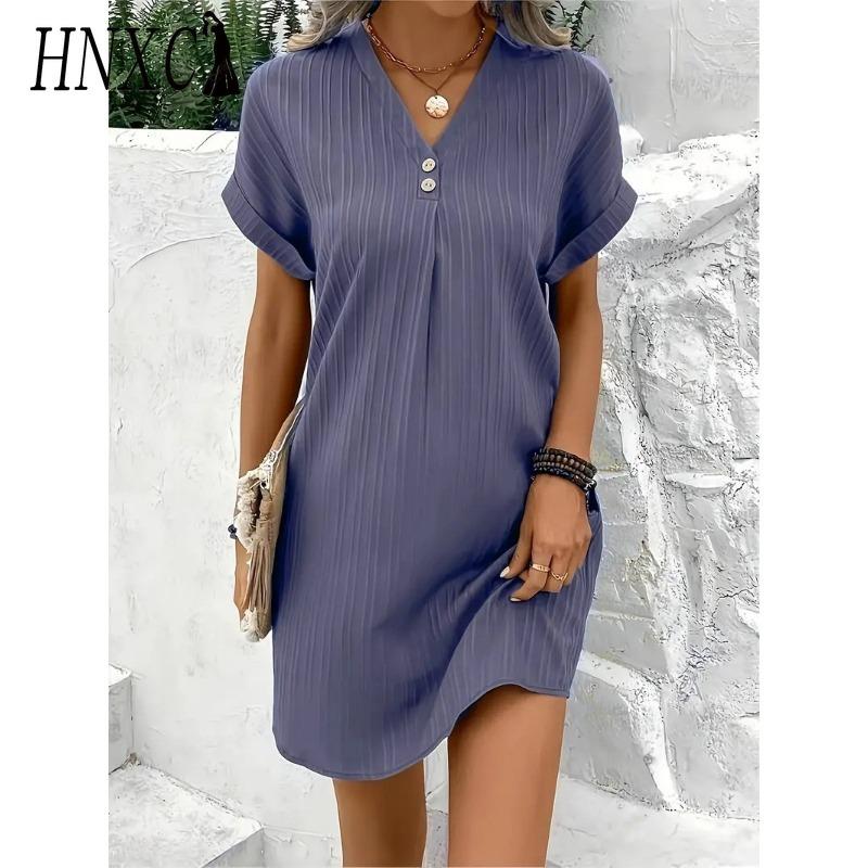 HNXC Abiti casual a vita alta con scollo a V a maniche corte con stampa tinta unita primavera estate moda donna