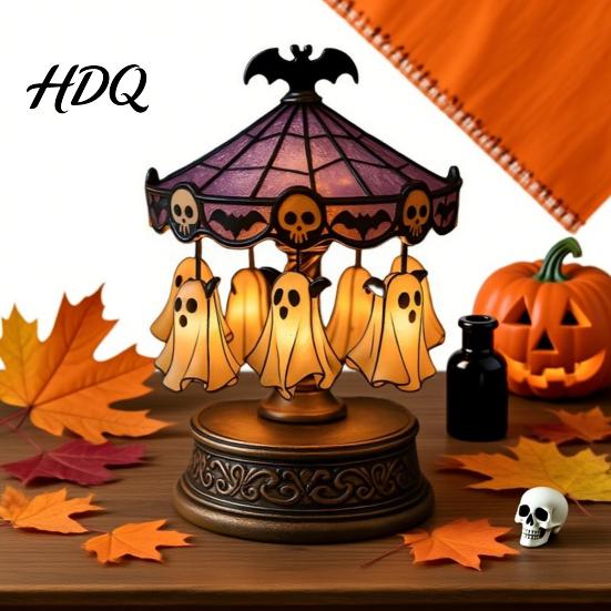 Horror Themed Carousel Ghost Light, Halloween Night Gothic Stained Glass Shade Gift for with Floating Ghosts/Pumpkins, Spooky Table Lamp Bedroom Home