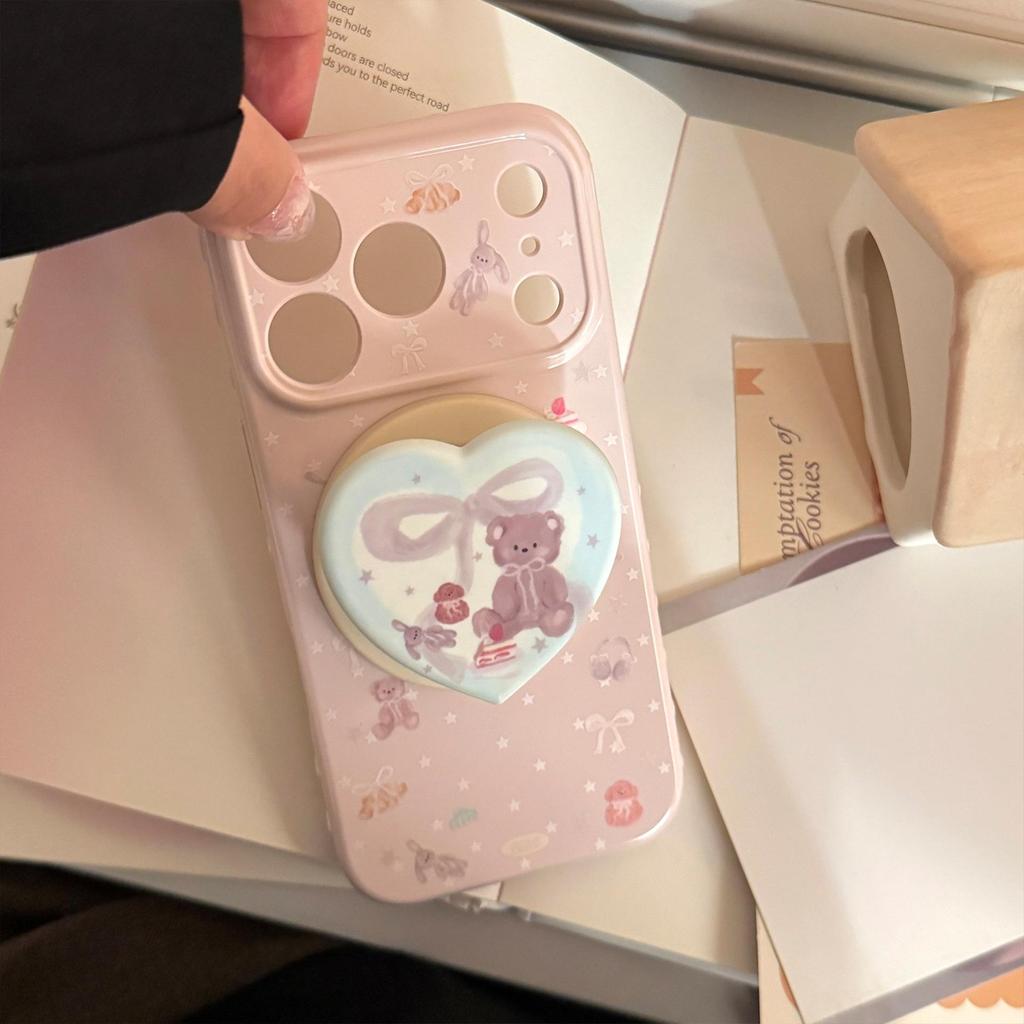 Cute Pink Bear Heart-Shaped Magnetic Stand and Bear Phone Case for iPhone 16, iPhone 17, and iPhone 17 Pro Max