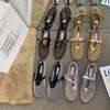 Round head hollow one-word buckle single shoes women's 2025 spring new ins fashion sparkling flat Mary Jane shoes fishing net