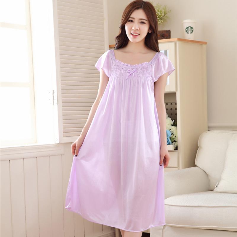Womens Summer Lace Ice Silk Long Nightdress Short Sleeve Loose Plus Size Nightgown Solid Color Sleepshirt Home Clothing