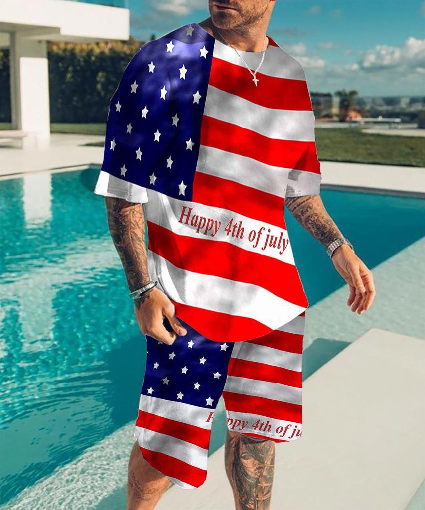 Vintage Style Men's Beach Shorts Set 3D USA Flag Print Short Sleeve T-shirt+Shorts 2 Pcs Set Summer Oversized Tracksuit Suit
