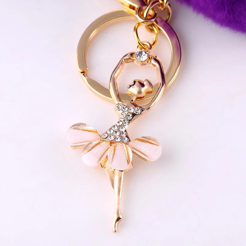 Fashion Rhinestone Ballet Dancer Keychain Cute Plush Ball Keyring for Women Girls Car Handbag Backpack Phone Pendant Accessories