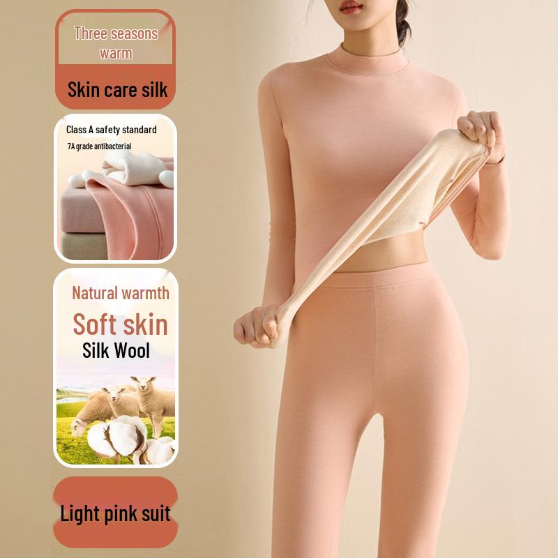 Women's Wool Silk Thermal Set: Warm Stand Collar Top & Trousers - Heat-Generating, Skin-Friendly Base Layer for Autumn/Winter.