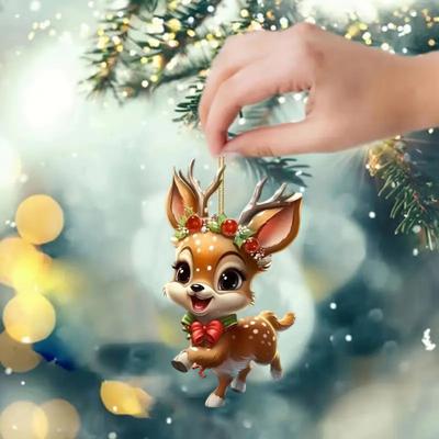 Christmas Elk Ornament Flat Acrylic Hanging Decoration Cartoon Deer Festive Pendant