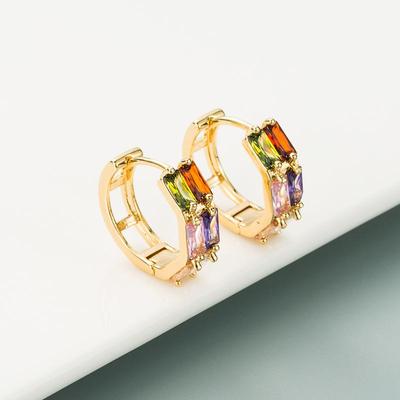 Women Creative Geometric Hoop Earrings Double Row Zircon Colorful Crystal Round Ear Studs