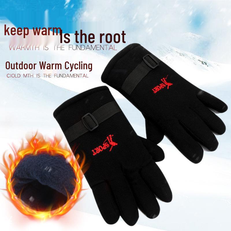 Men's Black Thickened Fleece-Lined Cycling Gloves with Touchscreen Capability for Autumn and Winter.