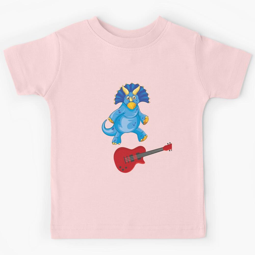 Dinosaur Playing Electric Guitar ,Funny Good Dinosaur Electric Guitar Lovers Blue Design Kids T-Shirt 170