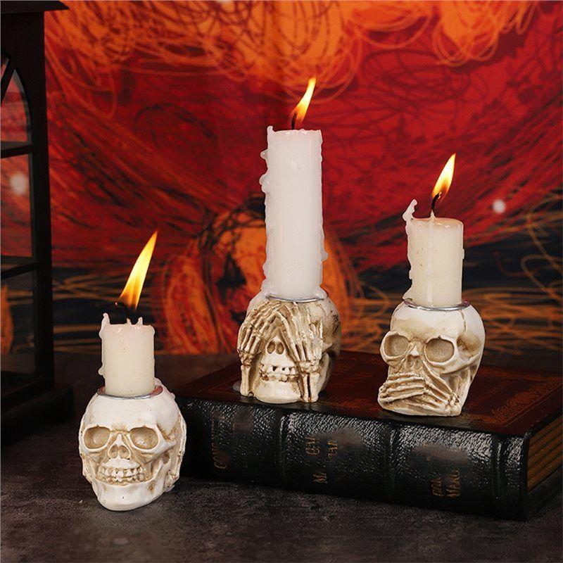 Feb.Resin Craft Halloween Skull Candle Holder, Table Decor Centerpiece Candlestick Candles, Spooky Creepy Design