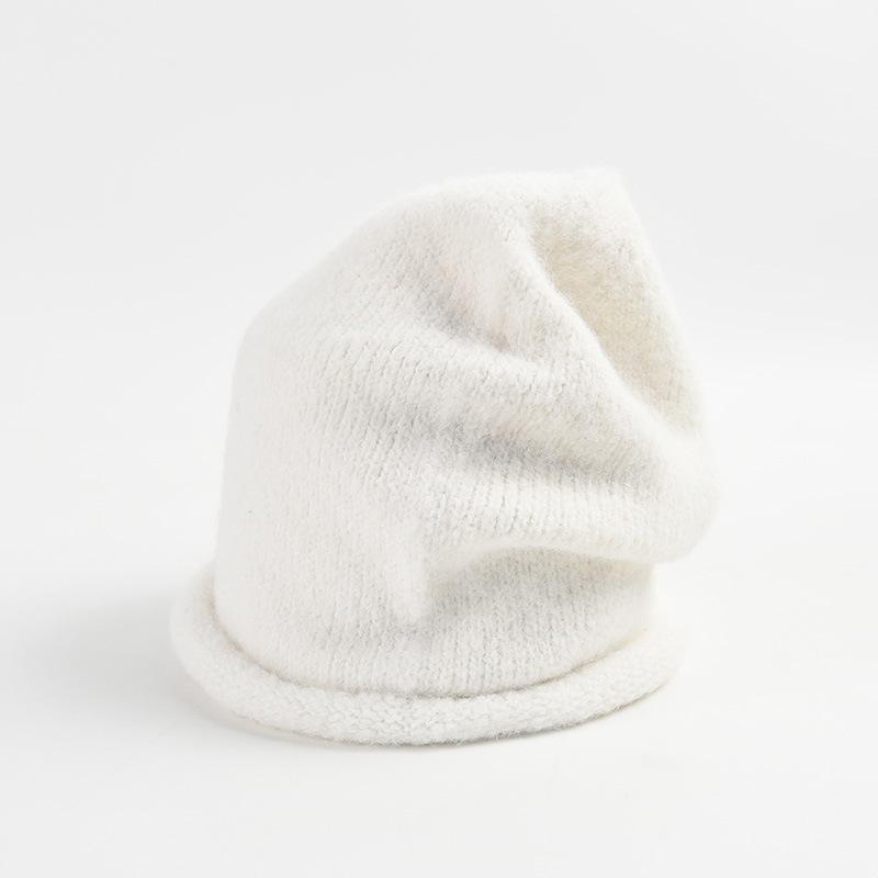 Myk Varm Blandet Ull Sømløs Strikket Lue for Kvinner Høst Vinter Casual Allsidig Oppbrettet Kant Luvlue Kald Vær Lue