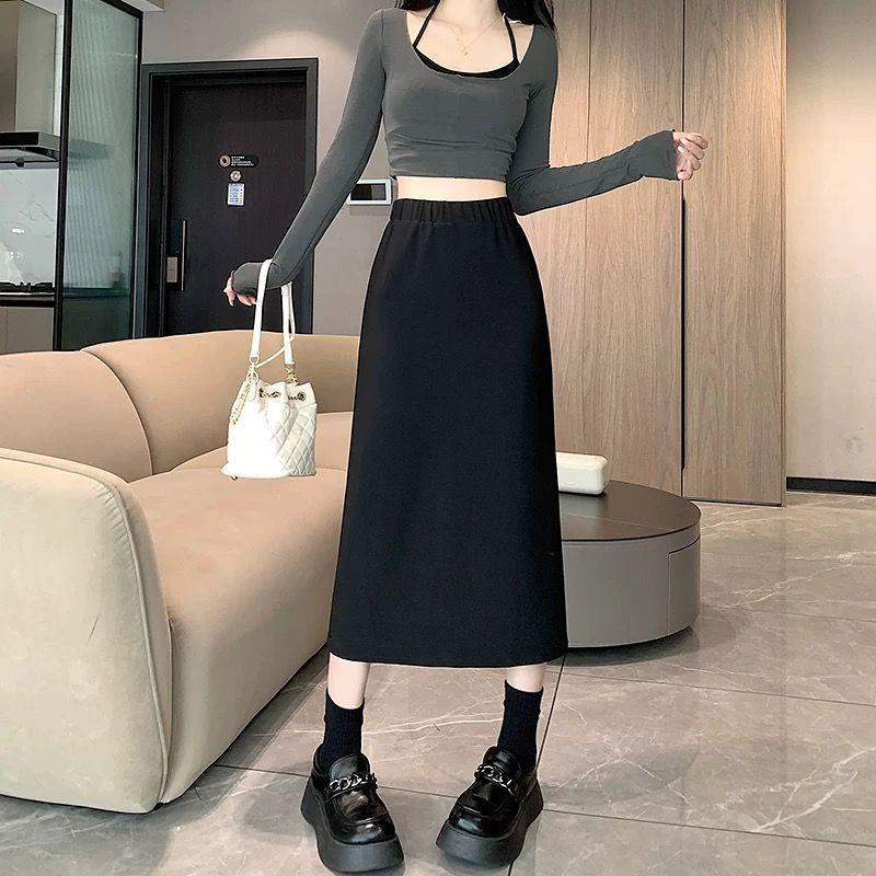 Black Wool Blend Women's High Waist A-Line Skirt - Autumn/Winter Korean Style Slimming Mid-Length with Slit and Elastic Waist
