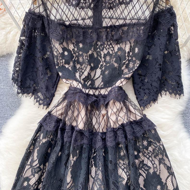 French Sweet Style Y2K Long Dresse Women Vintage Flower Hollow Out Solid Dresses Party Lace High Waist Spring Summer Casual New Clothing