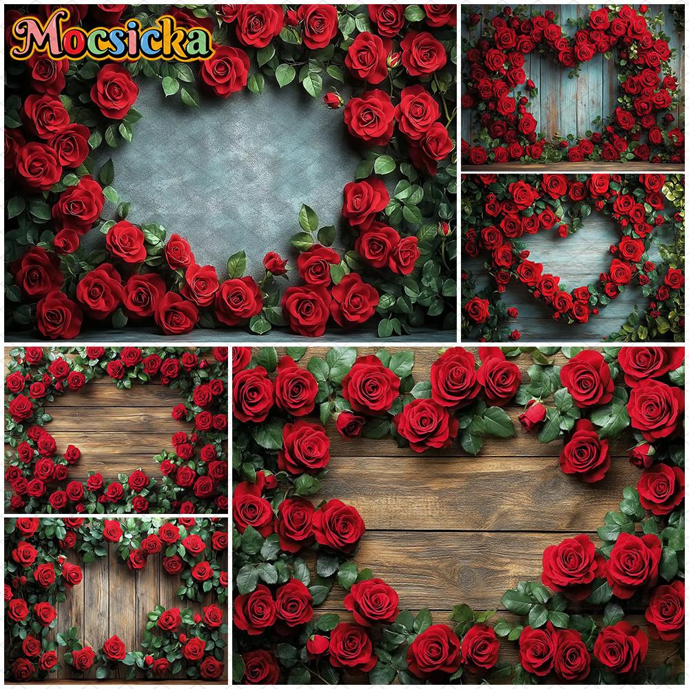Mocsicka Red Love Rose Background Valentine's Day Party Flower Plank Wall Wedding Decorations Photography Backdrop Studio Banner