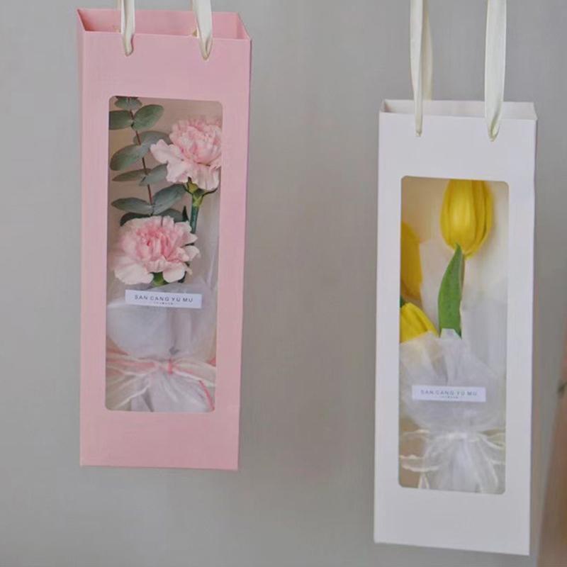 Elegant Single Rose Gift Box 10-Pack Clear Floral Presentation Bags In White Blush Pink for Valentine Weddings Special Occasions