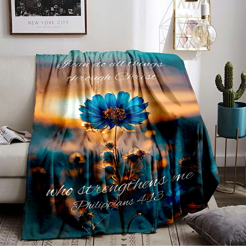 Blue Flower with Inspirational Quote Flannel blanket for bedroom, living room, sofa, and nap