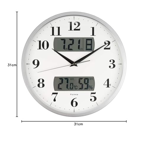 Formia Wall Clock - Radio-controlled clock with temperature, humidity, date, calendar, day of the week, silent operation (second hand stops at night),