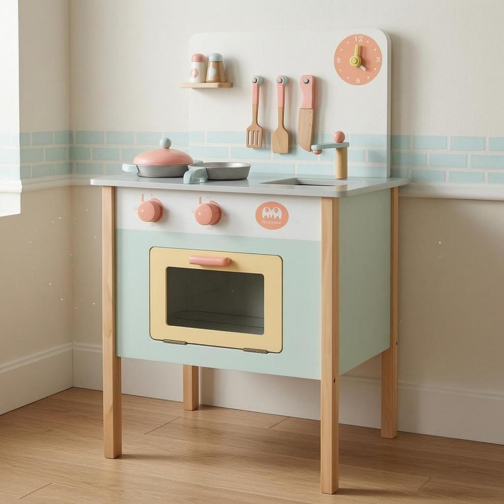Wooden Play Kitchen Freestanding Toy Set Utensil Accessories Young Cooks Playset Blue