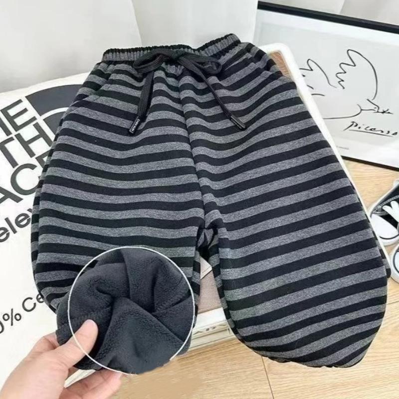 Stripe Pants For Girls Boys One-piece Velvet Spring Autumn Winter Childrens Korean Style Thick Warm Casual Sweatpants
