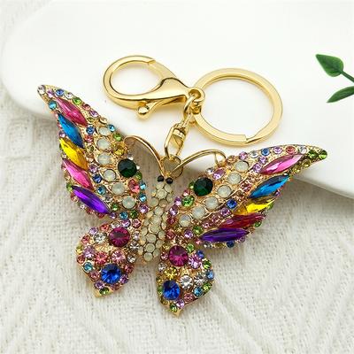 Colorful Rhinestone Butterfly Key Chain Pendant Gold Color Metal Animal Insect Keyring for Women Girl Jewelry Gift Llaveros