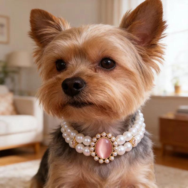 Doppellagige Perlen-Haustierhalskette Strassstein-Edelstein-Dekor Halsband für Katzen Kleine Hunde Foto-Accessoire