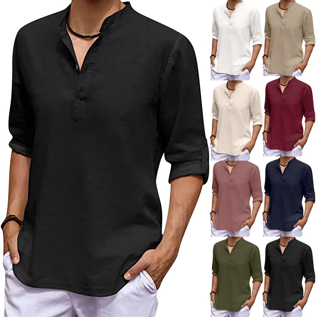 Designer Spring Summer Men's Casual Cotton Linen Color Long Sleeve Shirts Loose Stand Collar Shirts